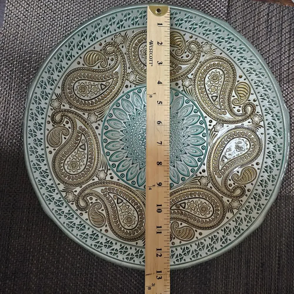 Turkish GlassLarge Bowl Paisley Design Blue and Gold / Silver back